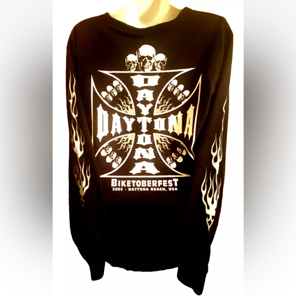 ☠️DAYTONA BIKETOBERFEST☠️ 2002 VTG LONG SLEEVE SKULL FLAMED T-SHIRT🔥